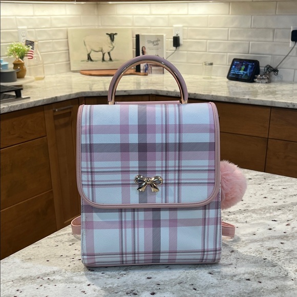 Boutique Brand Handbags - Plaid Pink Backpack Purse with Bow Accent